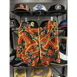 Vintage 70s Psychedelic Barkcloth Multi Color Drawstring Shorts See Measurements